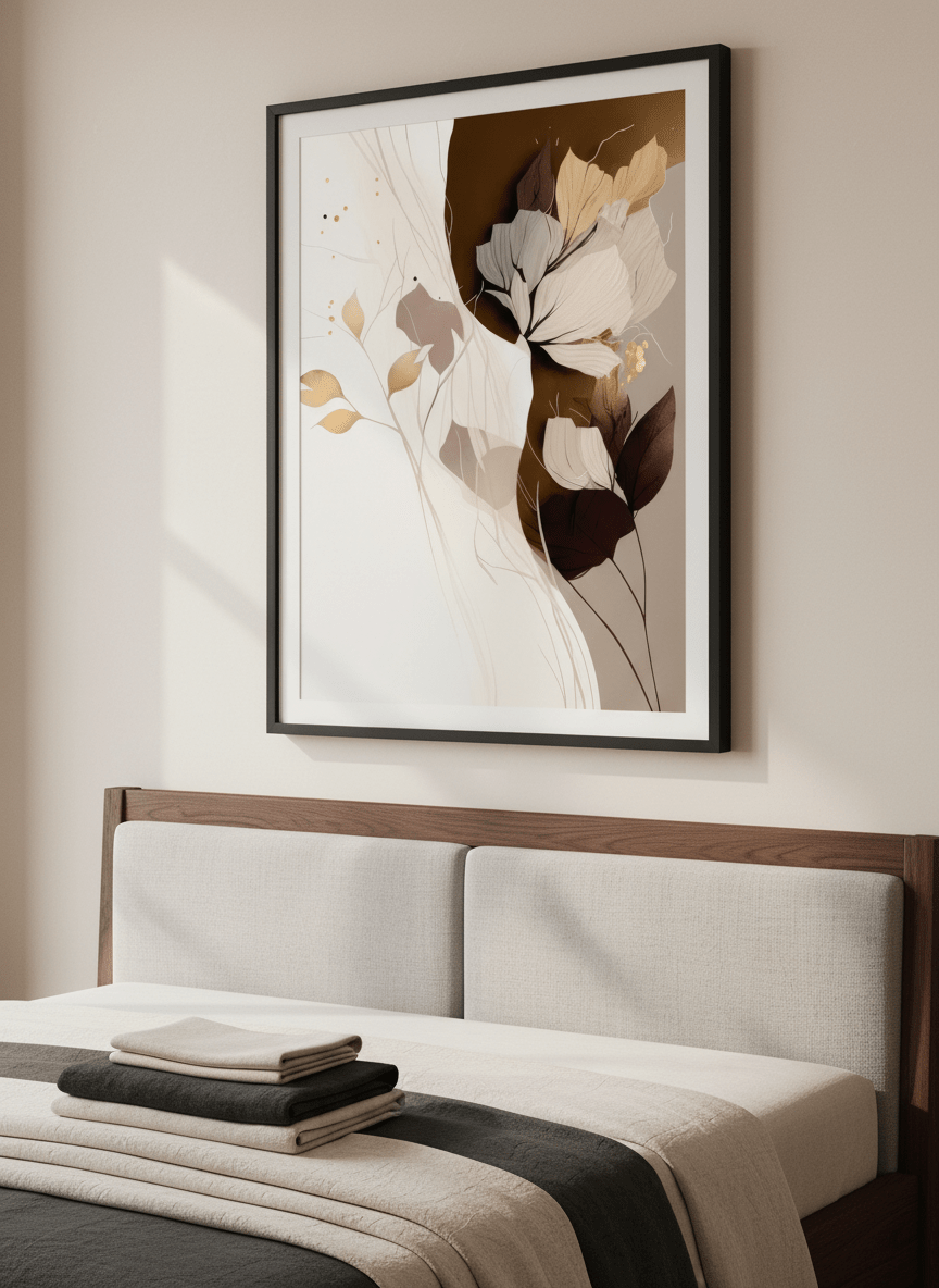 Minimalist artwork displayed in a calm, light-filled bedroom interior
