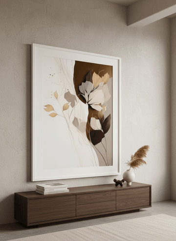Monumental artwork centred on a feature wall in a luxe interior