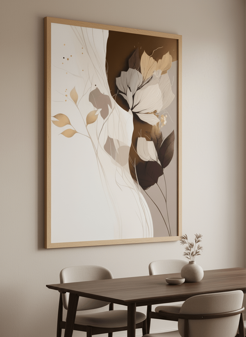 Wall art styled above a dining table in a contemporary home