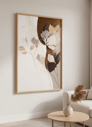 Modern wall art styled above a sofa in a neutral living room