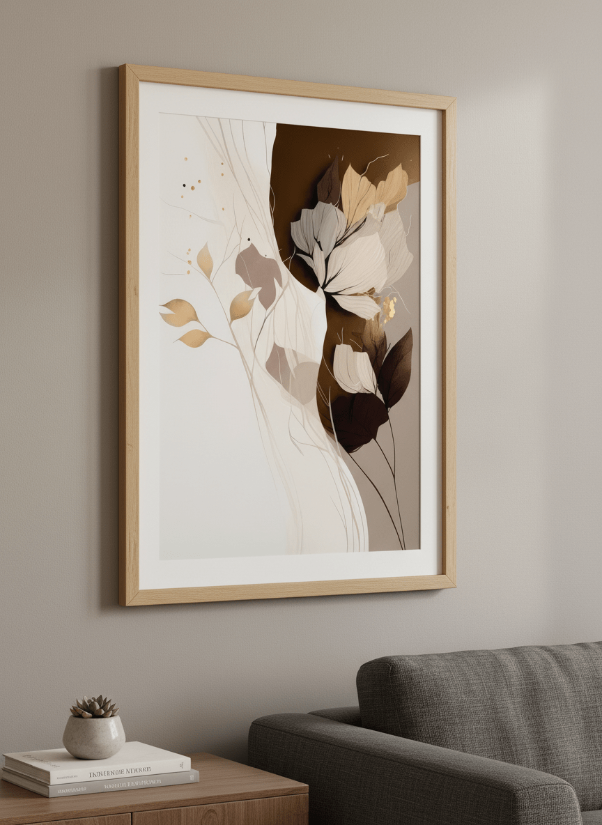 Modern wall art styled above a sofa in a neutral living room