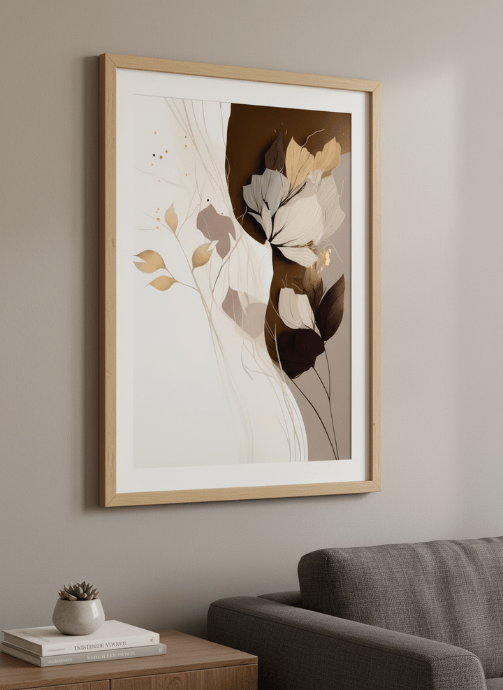 Modern wall art styled above a sofa in a neutral living room