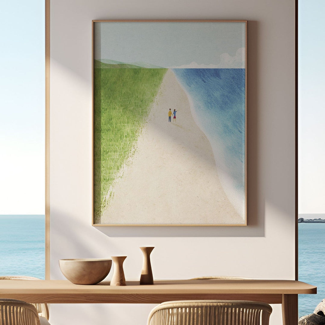 Modern dining area with ocean view, wooden table, and chairs.