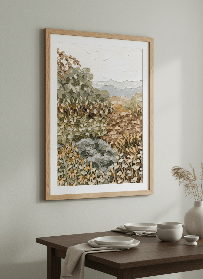 Wall art styled above a dining table in a contemporary home