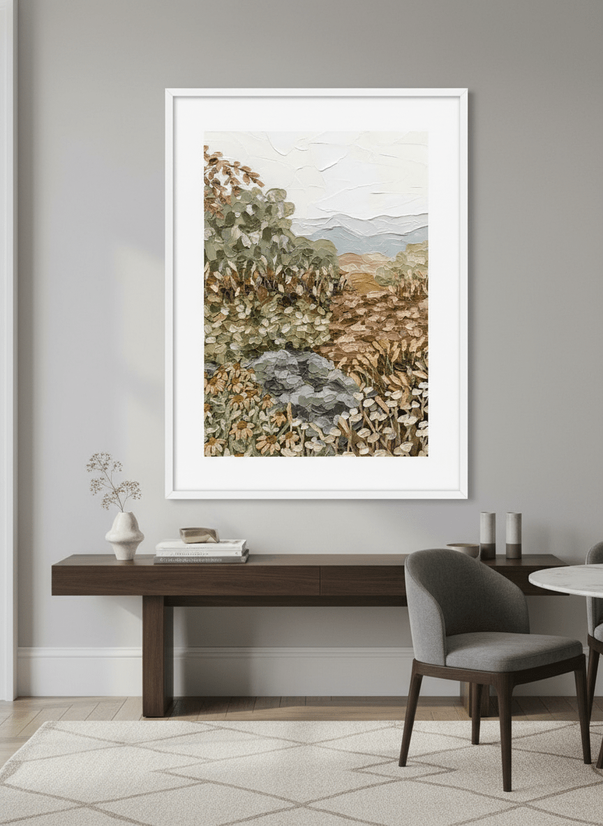 Monumental artwork centred on a feature wall in a luxe interior