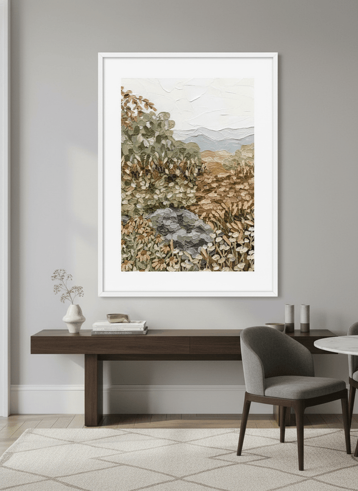 Monumental artwork centred on a feature wall in a luxe interior
