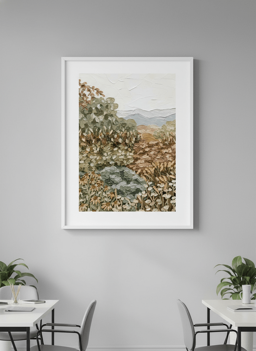 Contemporary wall art featured in a bright modern office workspace