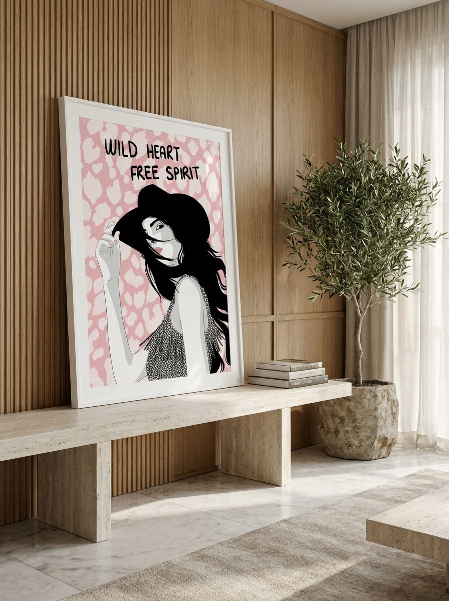 Modern wall art print standing on a console in a luxe bedroom