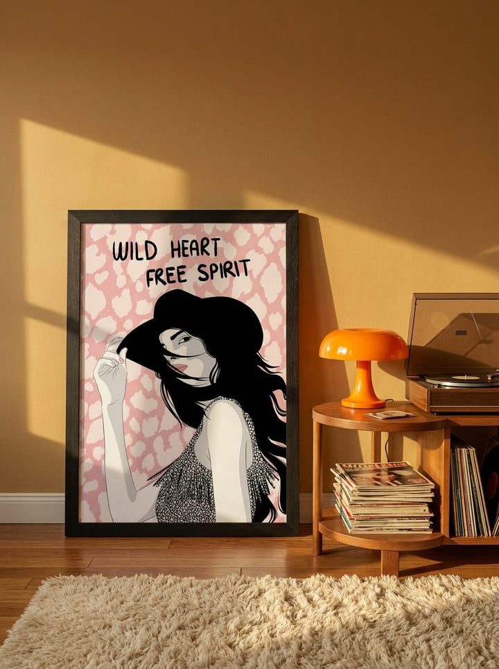 Oversized statement modern wall art print leaning against the wall in a retro 70s living room