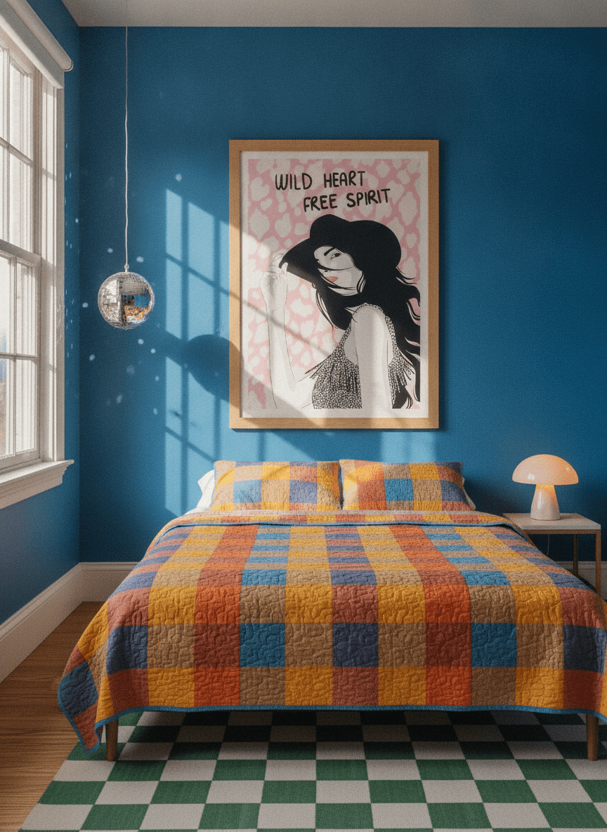 Modern wall art print styled on the wall in a colourful eclectic bedroom