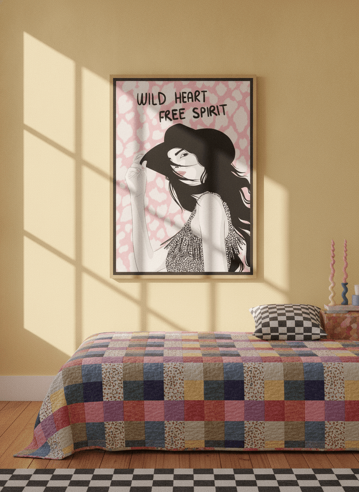 Oversized statement canvas wall art with a natural timber surround styled on the wall in a colourful eclectic bedroom