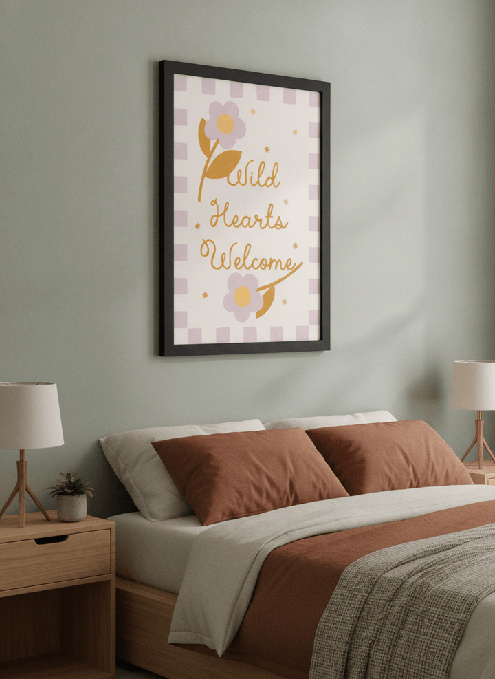 Minimalist artwork displayed in a calm, light-filled bedroom interior