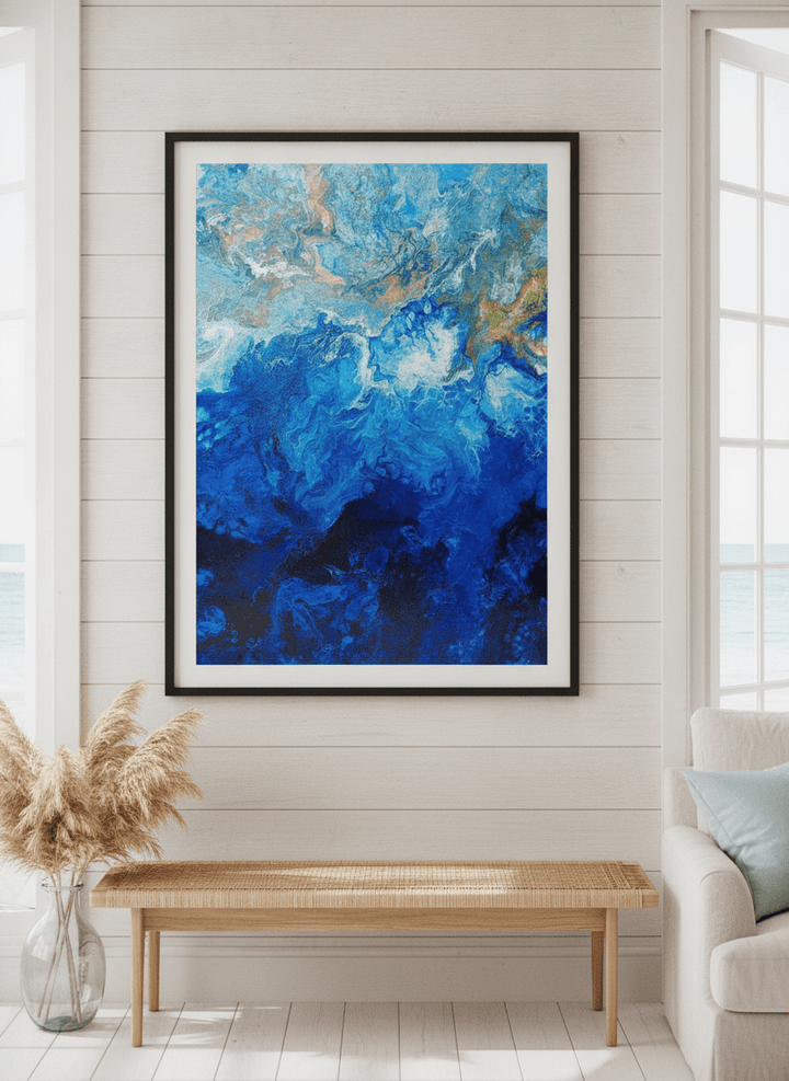 Neutral wall art displayed in a sunny coastal beach house