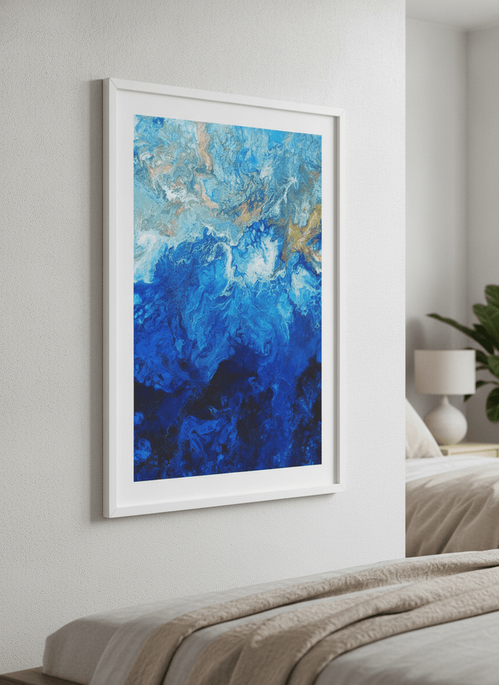 Minimalist artwork displayed in a calm, light-filled bedroom interior
