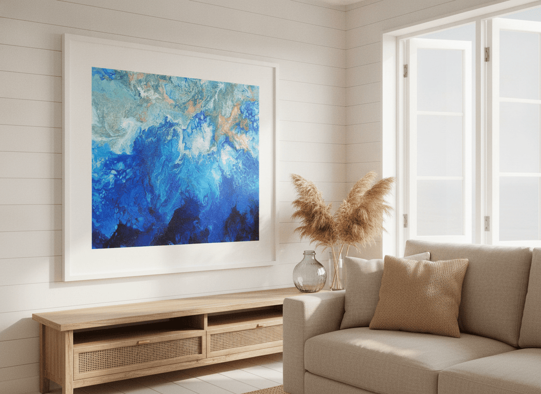 Neutral wall art displayed in a sunny coastal beach house