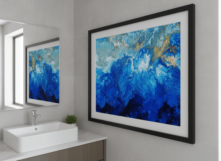 Modern print displayed in a clean minimalist bathroom setting