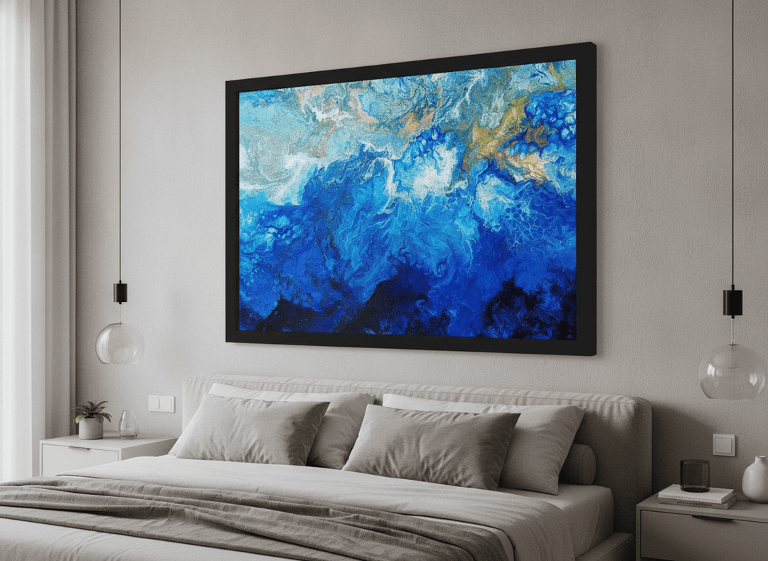Minimalist artwork displayed in a calm, light-filled bedroom interior