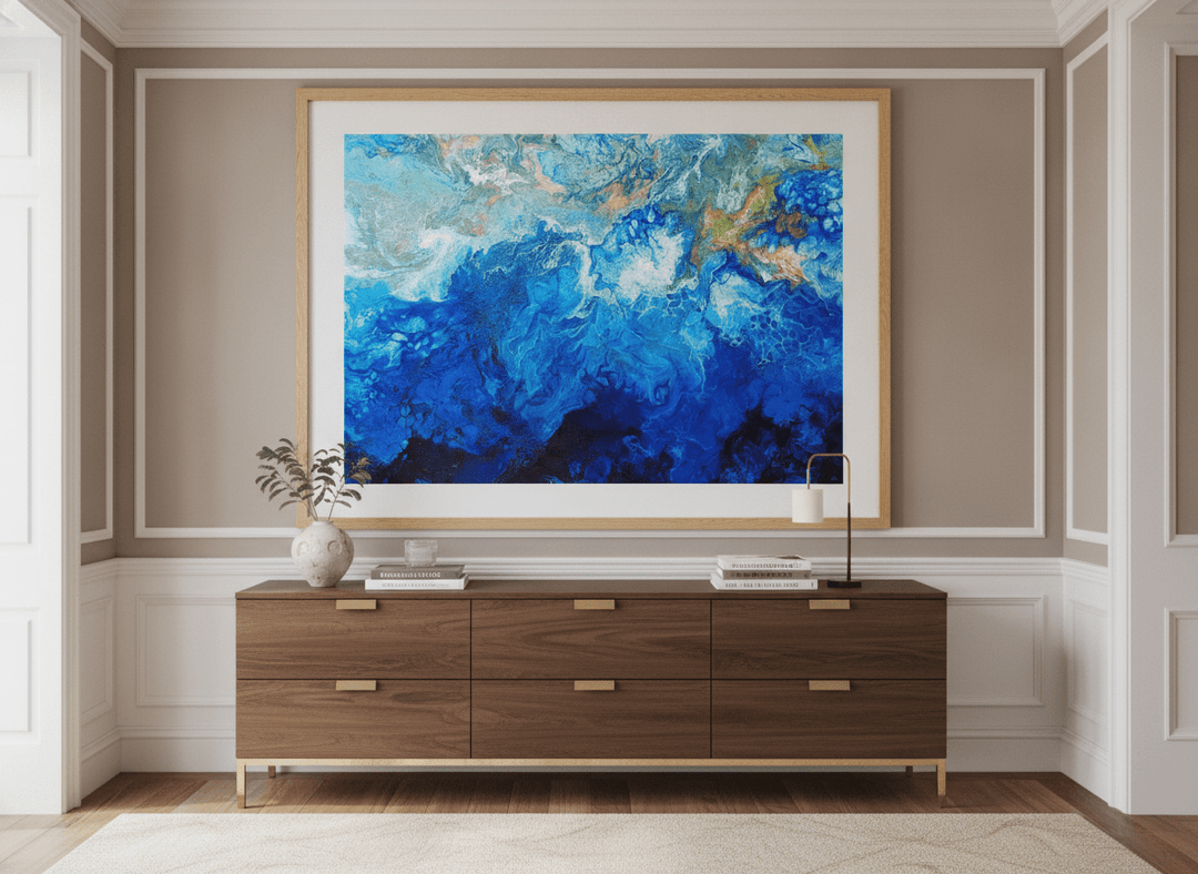 Monumental artwork centred on a feature wall in a luxe interior