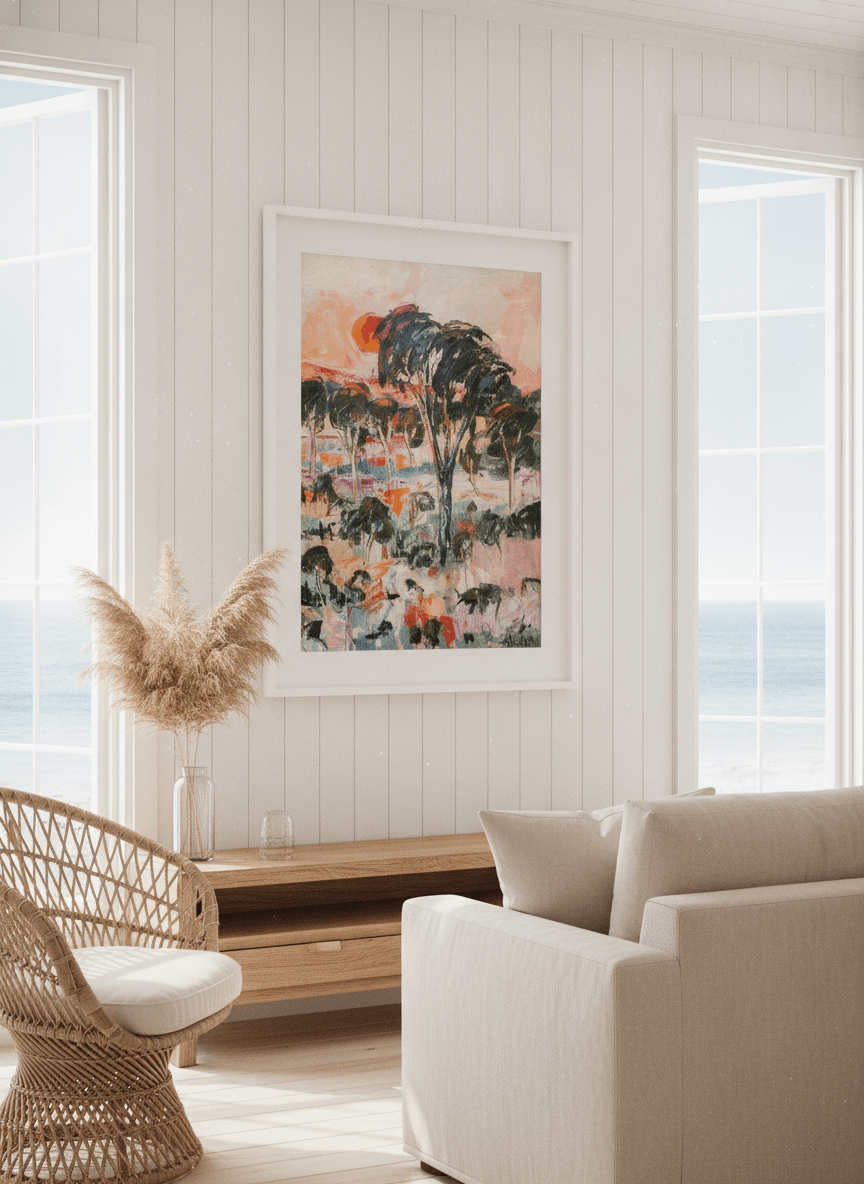 Neutral wall art displayed in a sunny coastal beach house