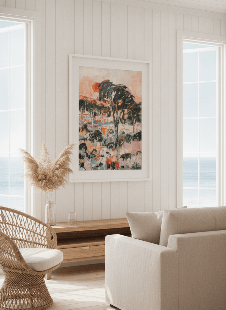 Neutral wall art displayed in a sunny coastal beach house
