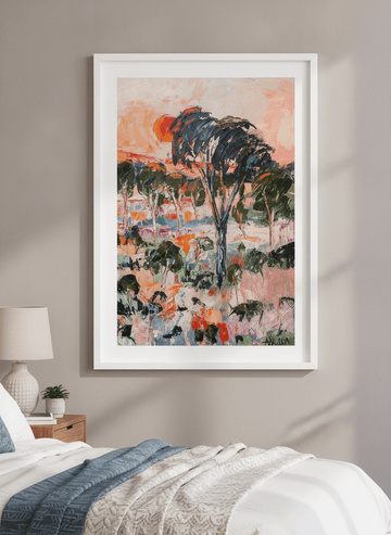 Minimalist artwork displayed in a calm, light-filled bedroom interior