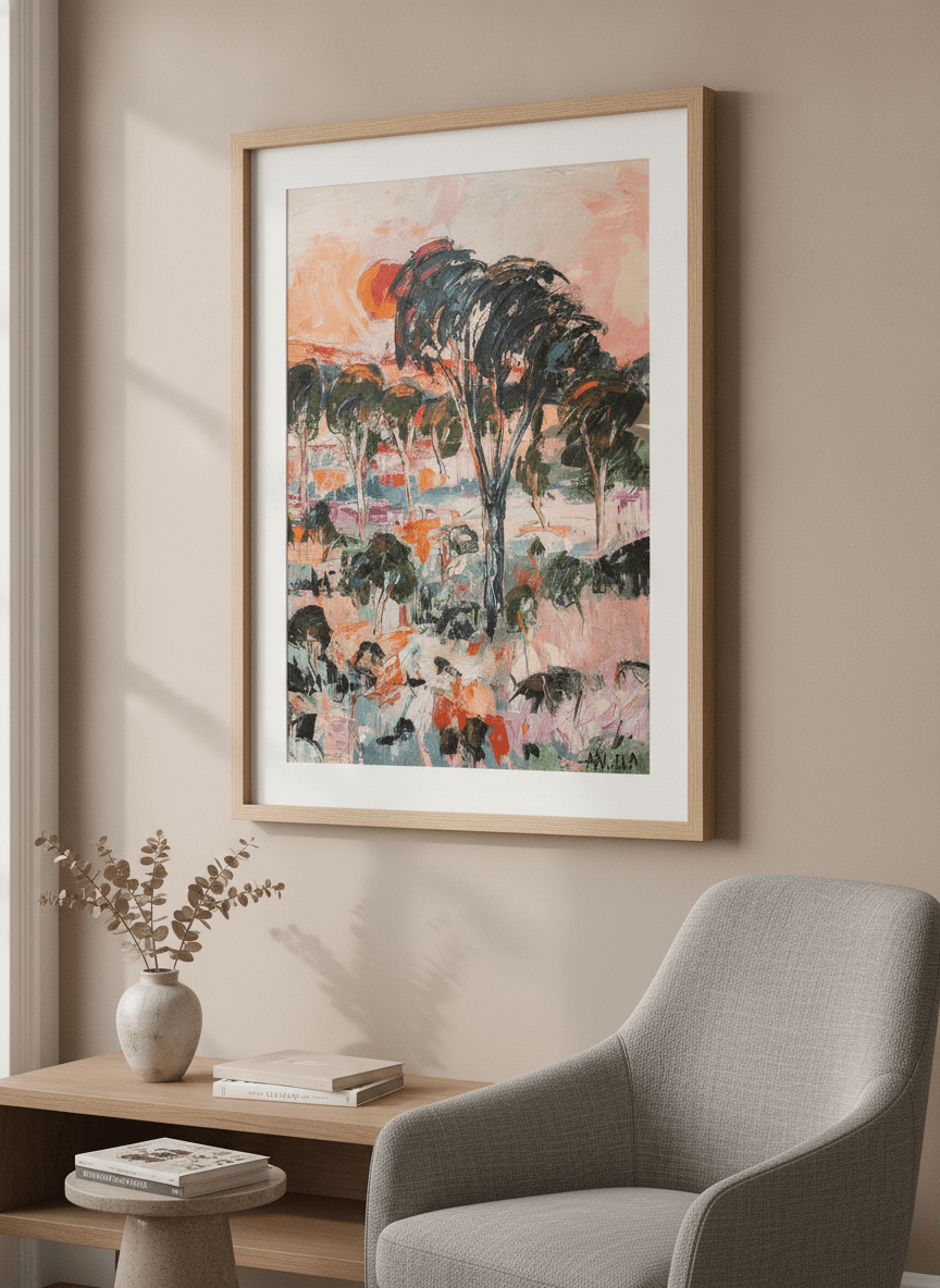 Modern wall art styled above a sofa in a neutral living room