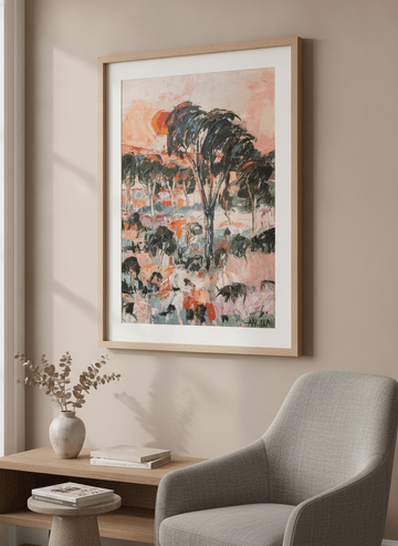 Modern wall art styled above a sofa in a neutral living room