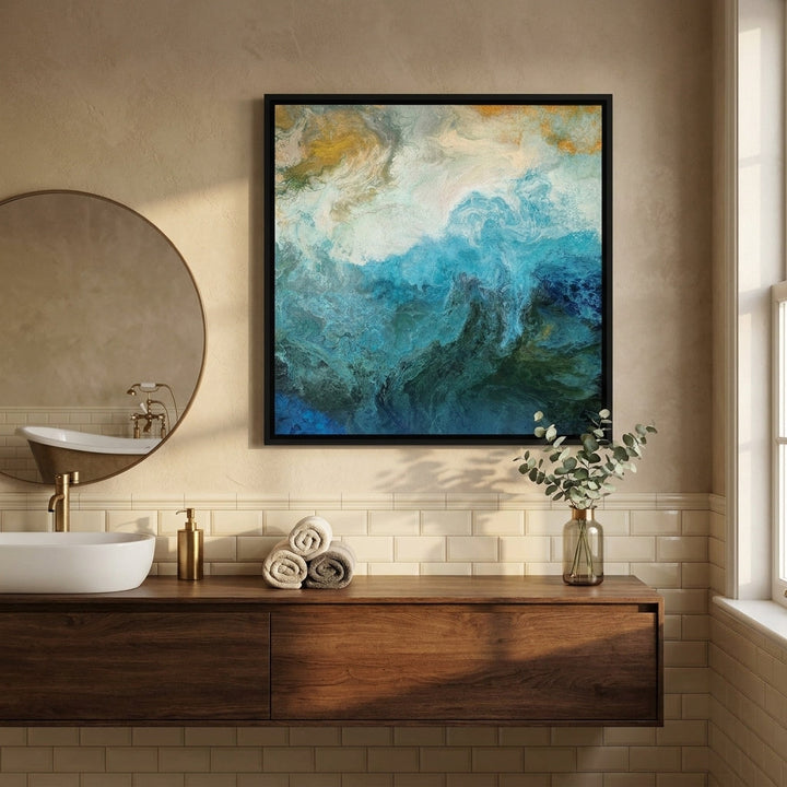 Canvas wall art with a black surround styled in a clean minimalist bathroom