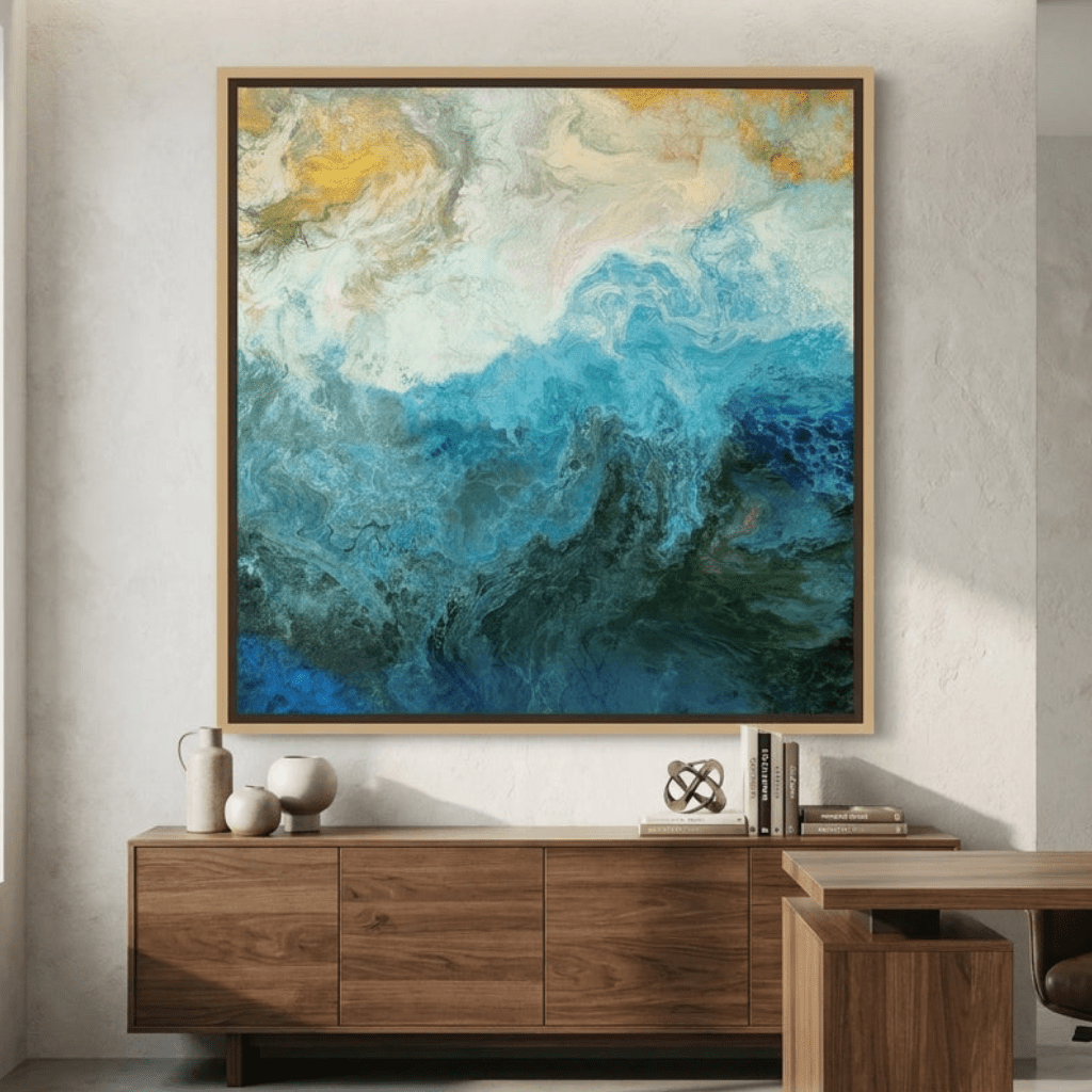 Oversized statement canvas wall art with a natural timber surround styled in a bright modern office
