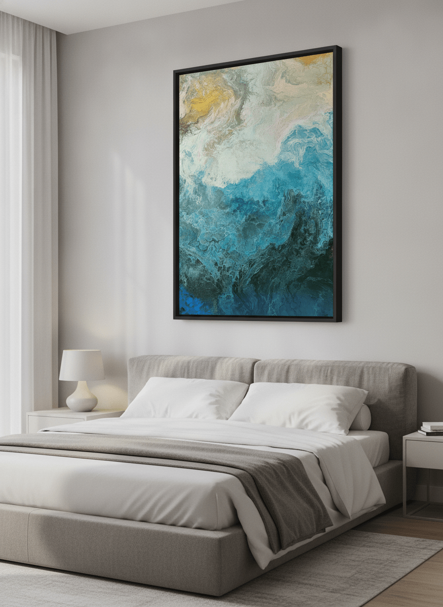 Minimalist artwork displayed in a calm, light-filled bedroom interior