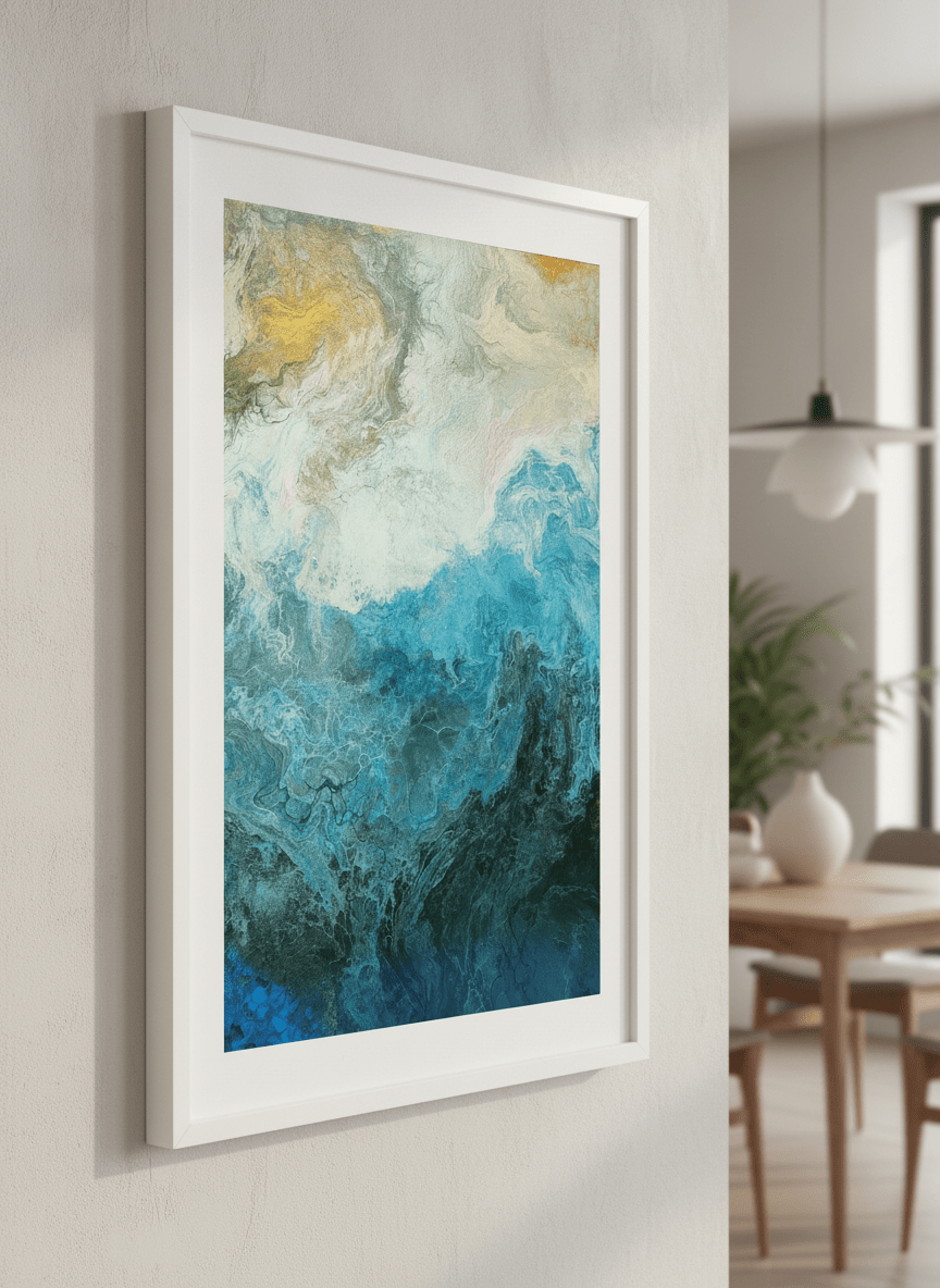 Wall art styled above a dining table in a contemporary home