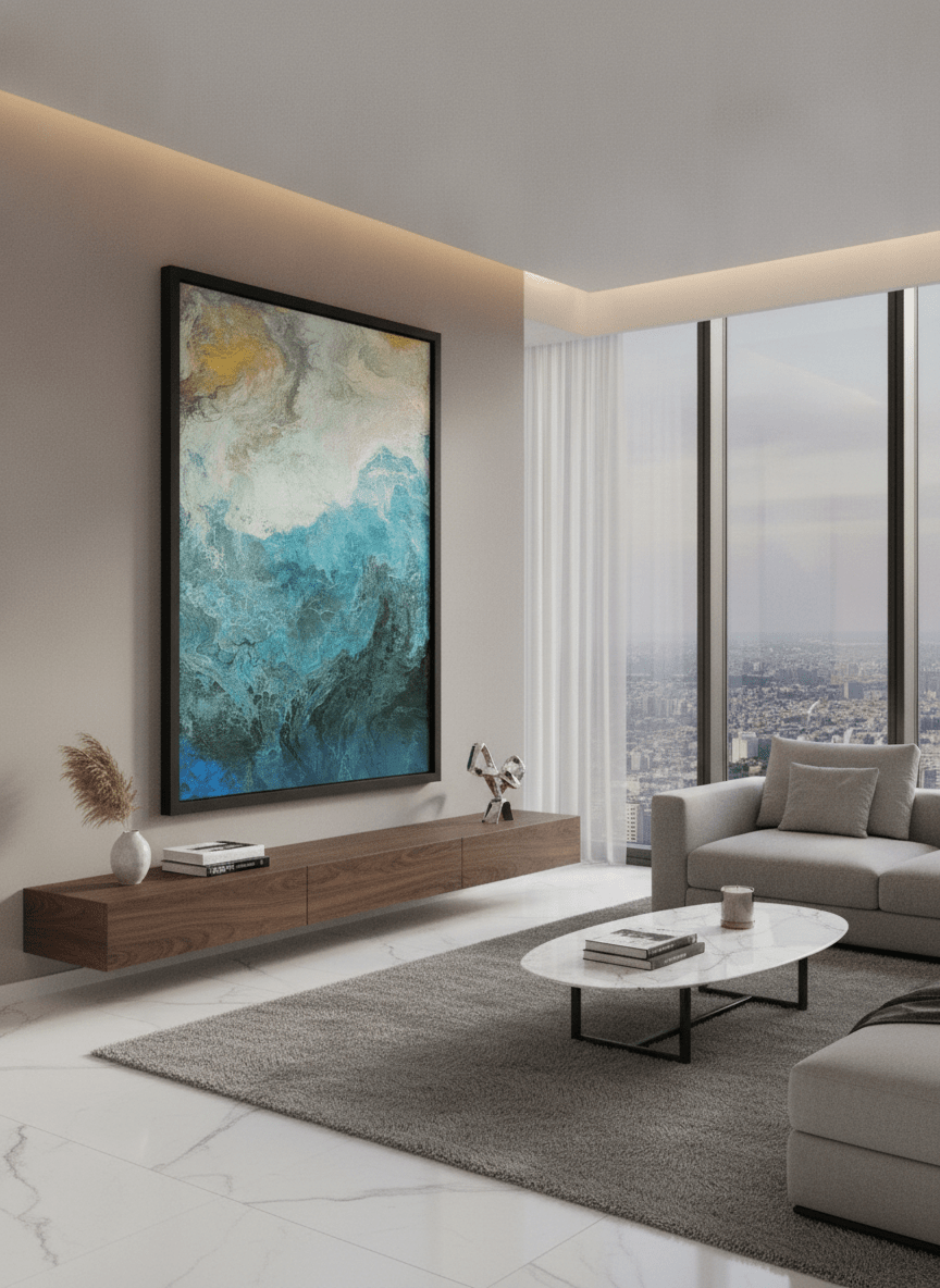 Monumental artwork centred on a feature wall in a luxe interior