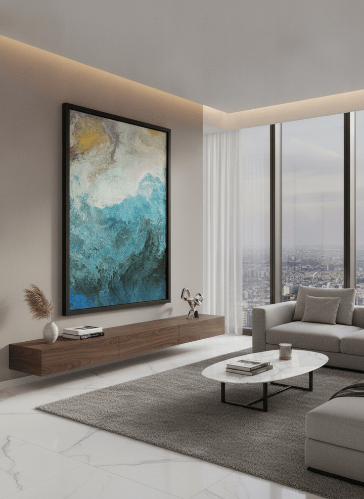Monumental artwork centred on a feature wall in a luxe interior