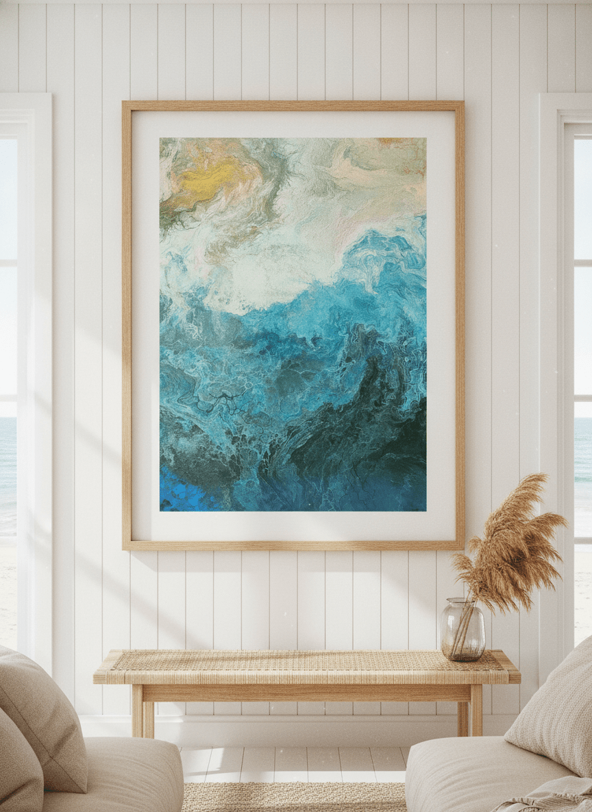 Neutral wall art displayed in a sunny coastal beach house