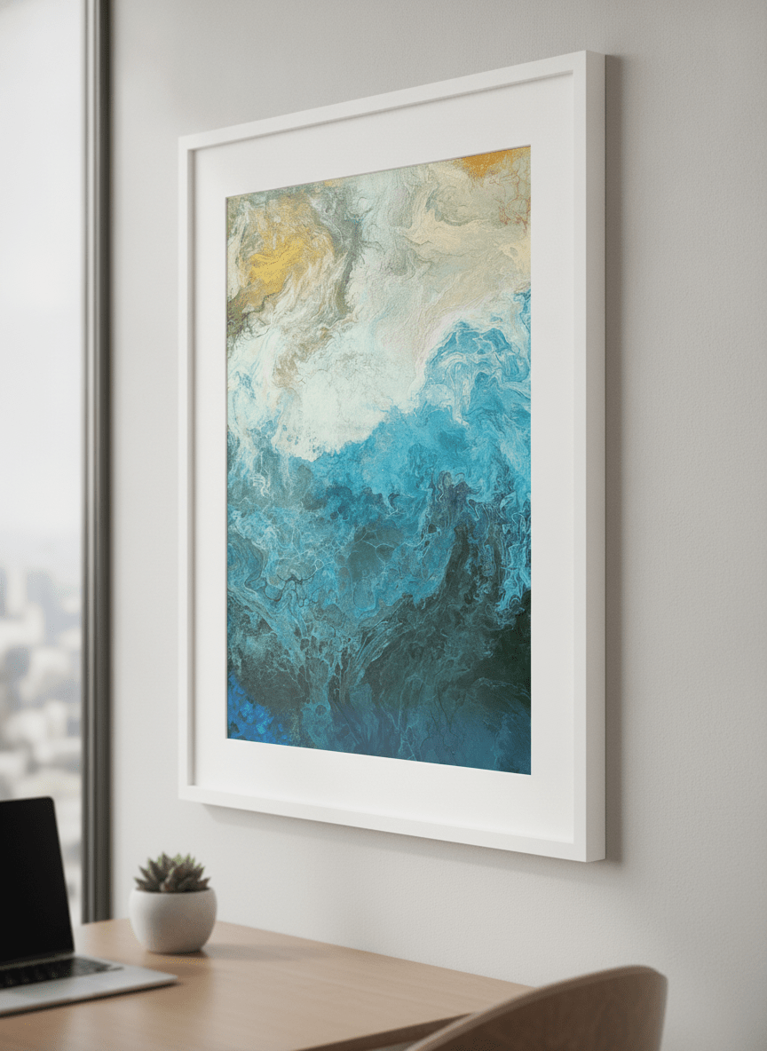 Contemporary wall art featured in a bright modern office workspace