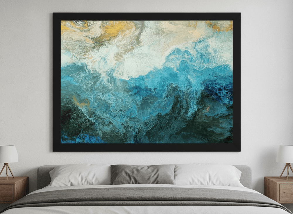 Minimalist artwork displayed in a calm, light-filled bedroom interior