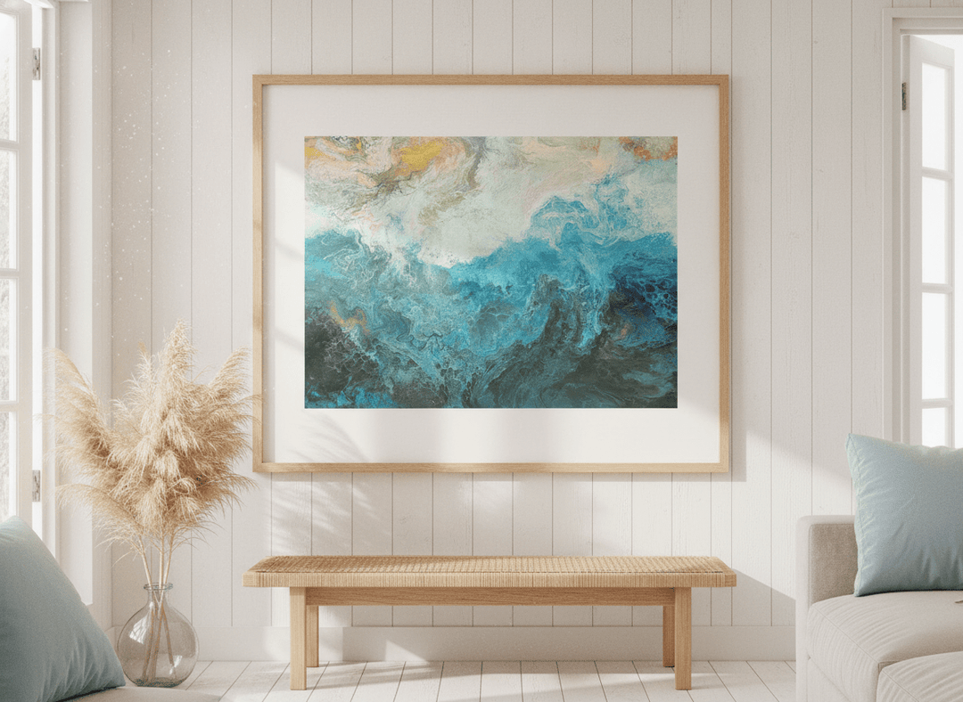Neutral wall art displayed in a sunny coastal beach house