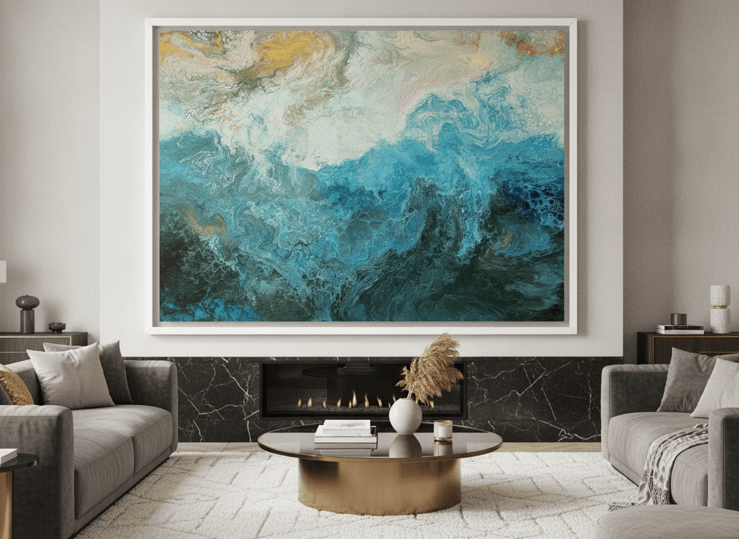 Monumental artwork centred on a feature wall in a luxe interior