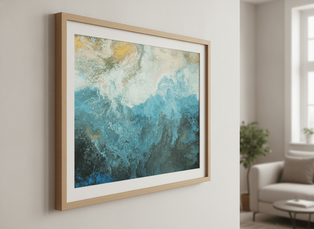 Modern wall art styled above a sofa in a neutral living room