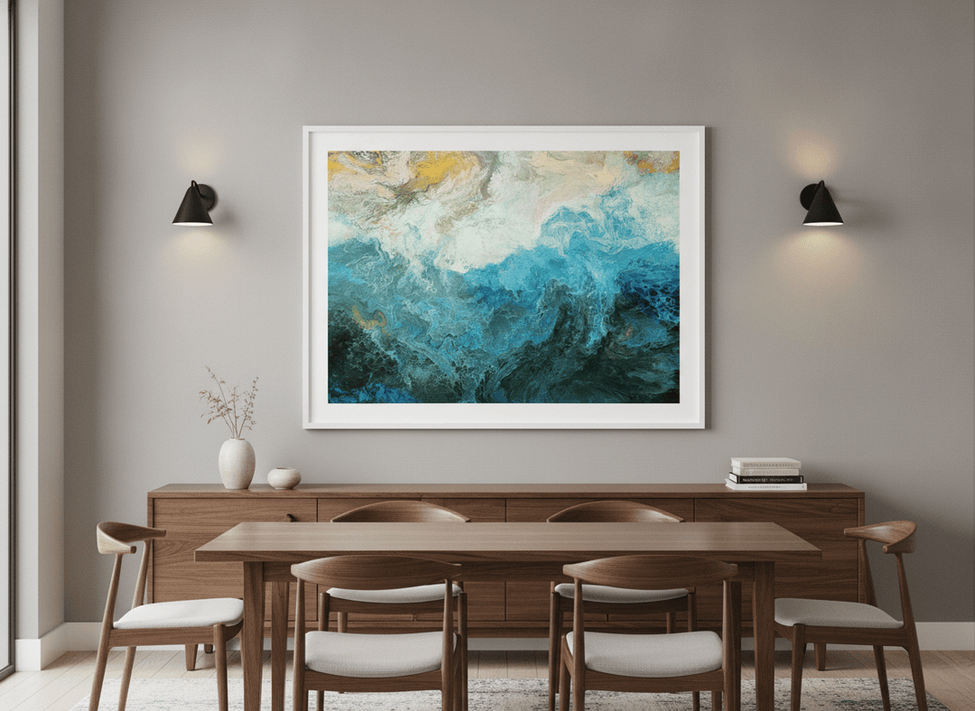 Wall art styled above a dining table in a contemporary home