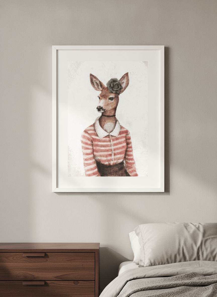 Minimalist artwork displayed in a calm, light-filled bedroom interior