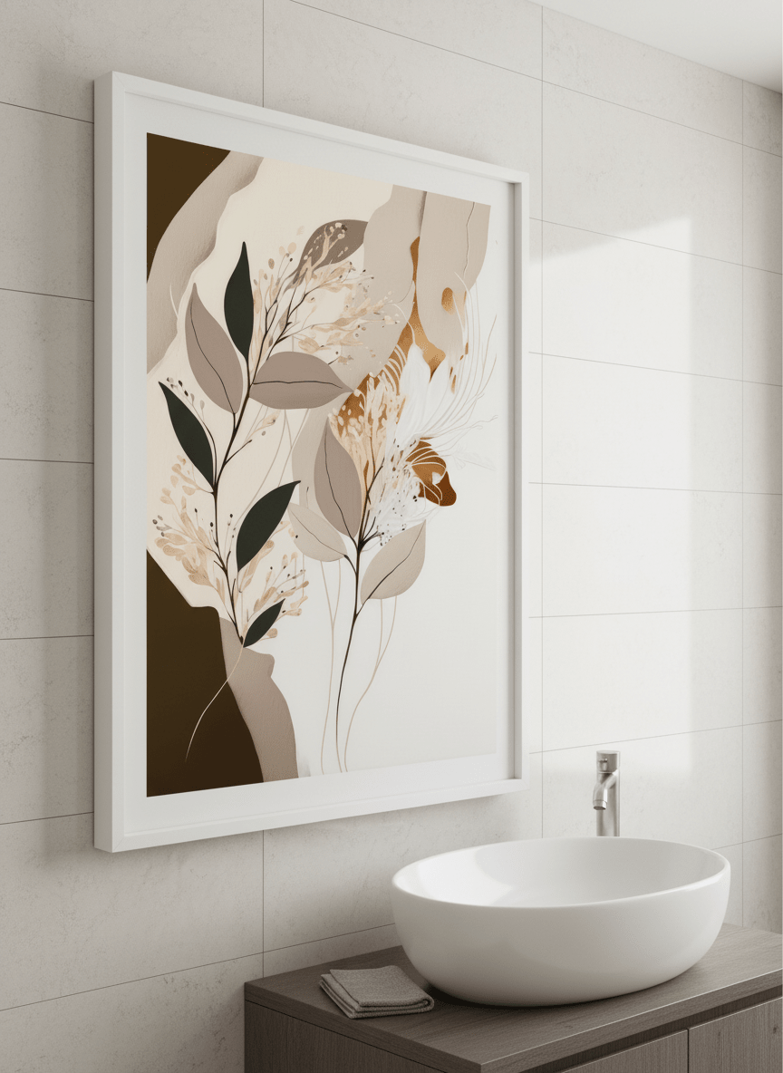 Modern print displayed in a clean minimalist bathroom setting