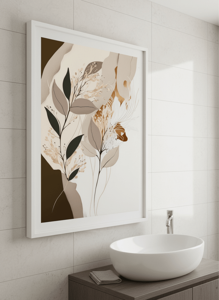 Modern print displayed in a clean minimalist bathroom setting