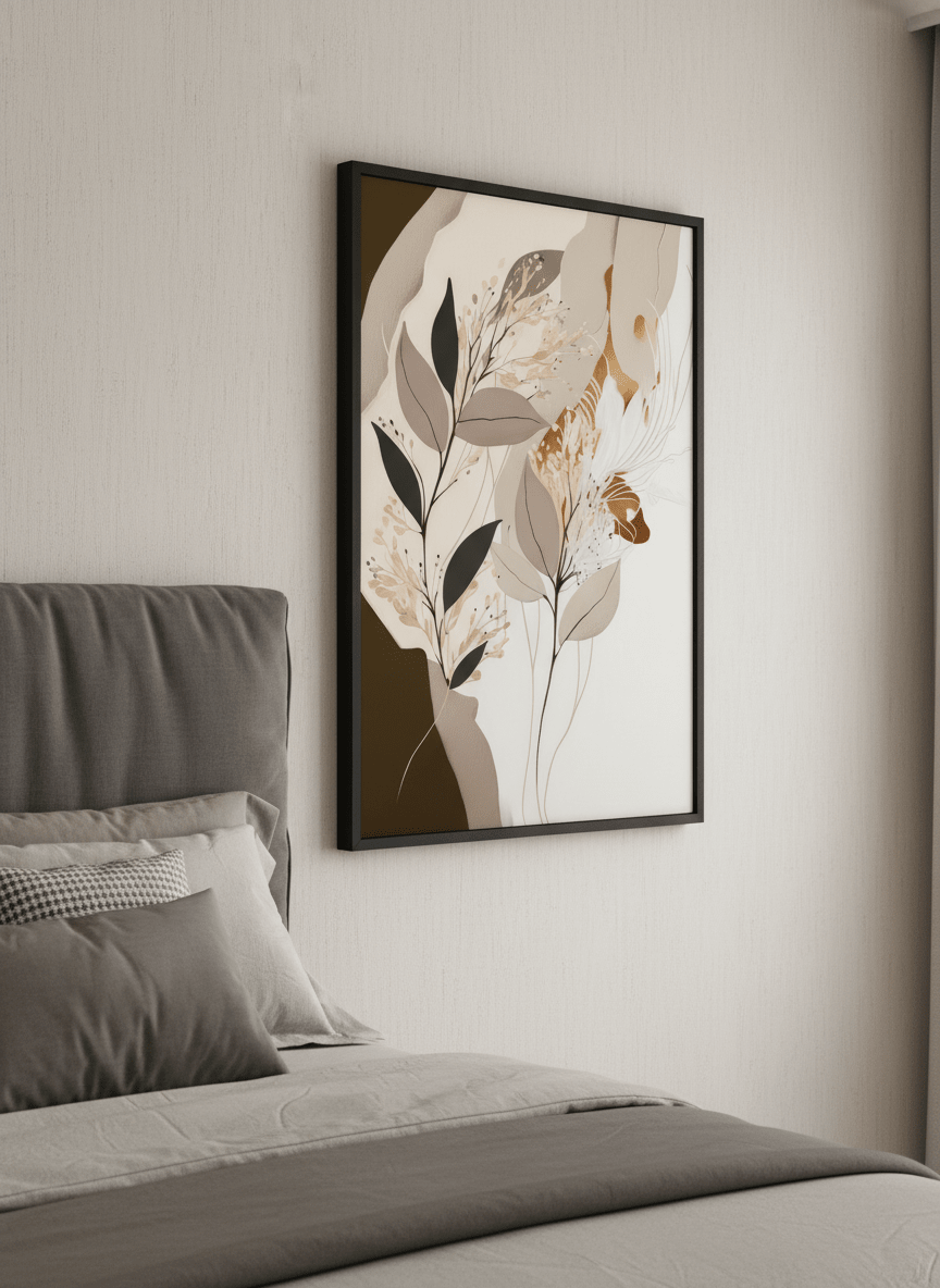 Minimalist artwork displayed in a calm, light-filled bedroom interior