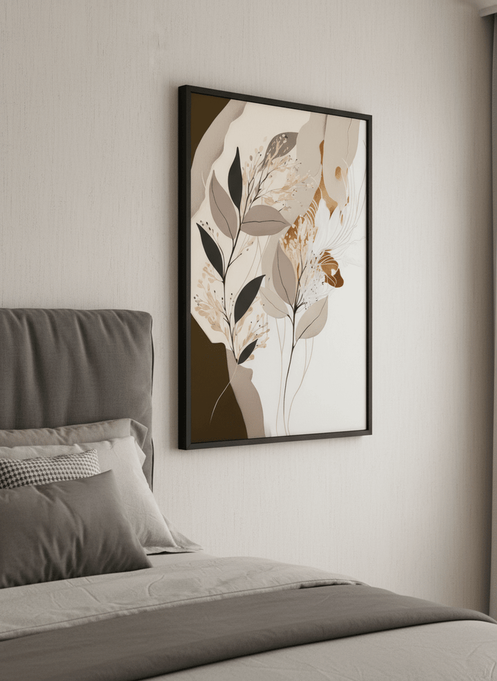 Minimalist artwork displayed in a calm, light-filled bedroom interior