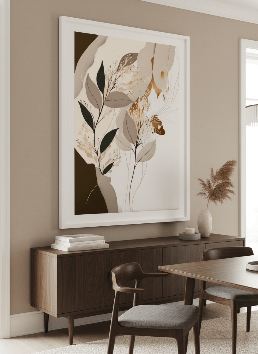 Monumental artwork centred on a feature wall in a luxe interior