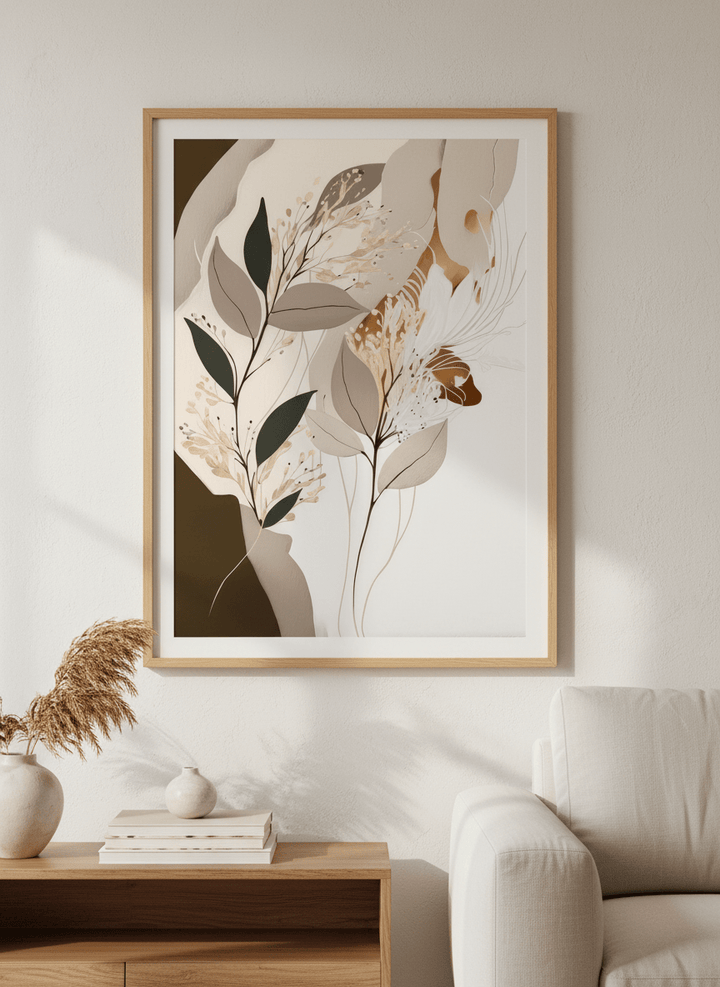 Modern wall art styled above a sofa in a neutral living room