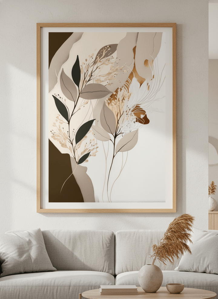 Modern wall art styled above a sofa in a neutral living room