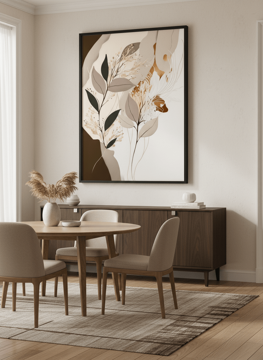 Wall art styled above a dining table in a contemporary home