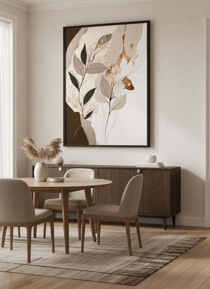 Wall art styled above a dining table in a contemporary home